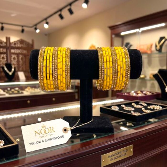 Glass Bangles studded with CZ Stones - Golden with Yellow - Image 2