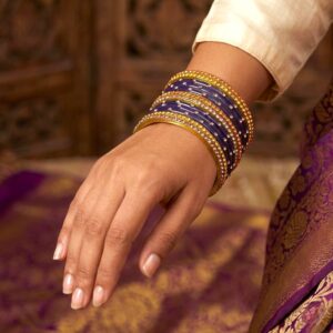 Elegant Glass Bangle Set - Purple with gold stone work