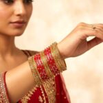 Glass Bangles studded with CZ Stones - Golden with Red