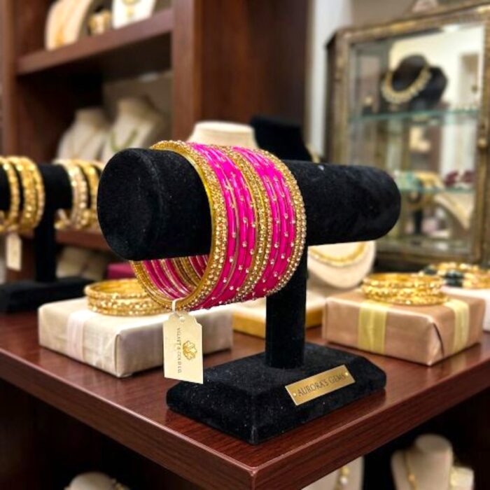 Glass Bangles studded with CZ Stones - Golden with Pink - Image 2