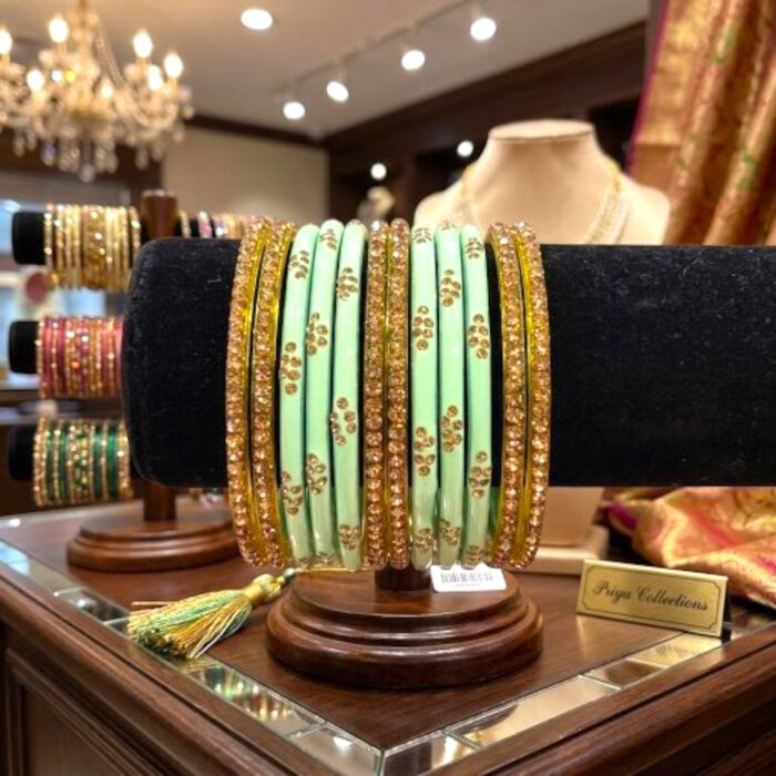 Glass Bangles studded with CYZ Stones - Golden with Lite Green - Image 2