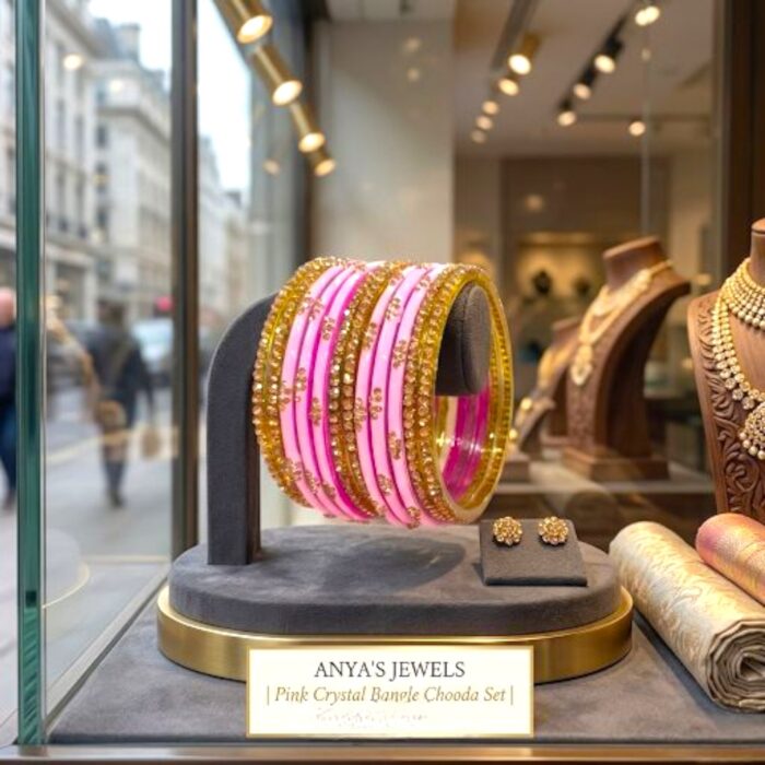 Glass Bangles studded with CYZ Stones - Golden with Baby Pink - Image 2