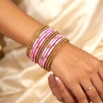Glass Bangles studded with CYZ Stones - Golden with Baby Pink
