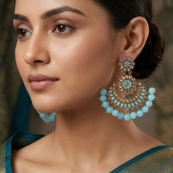 Party wear Kundan earrings | Turquoise bead work