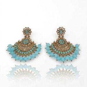Kundan Chand earrings with turquoise bead work golden oxidized finish