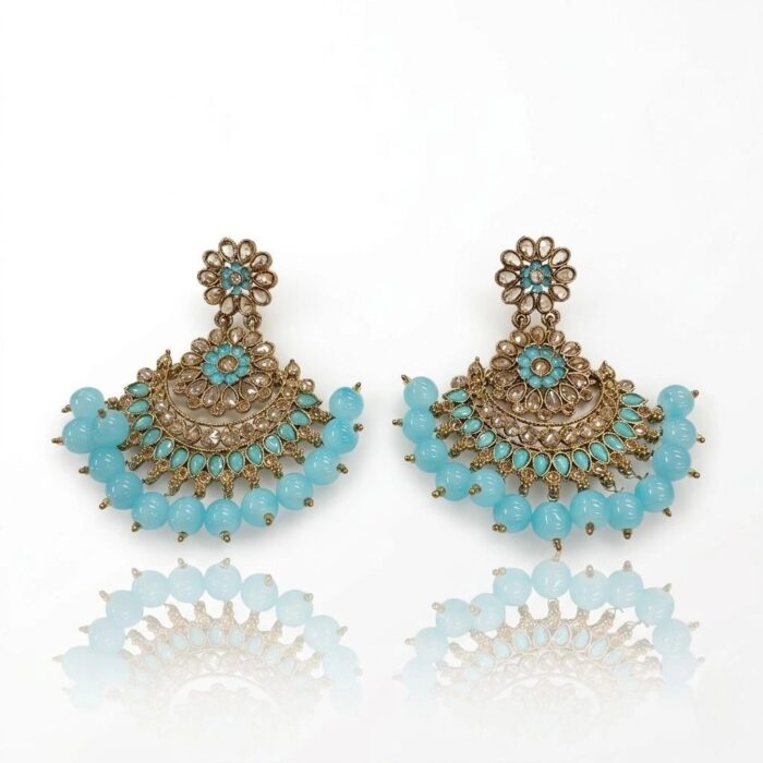 Kundan Chand earrings with turquoise bead work golden oxidized finish