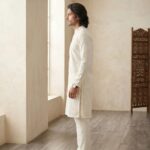 Side Profile of a Model wearing the Chikan Kurta Pajama Set