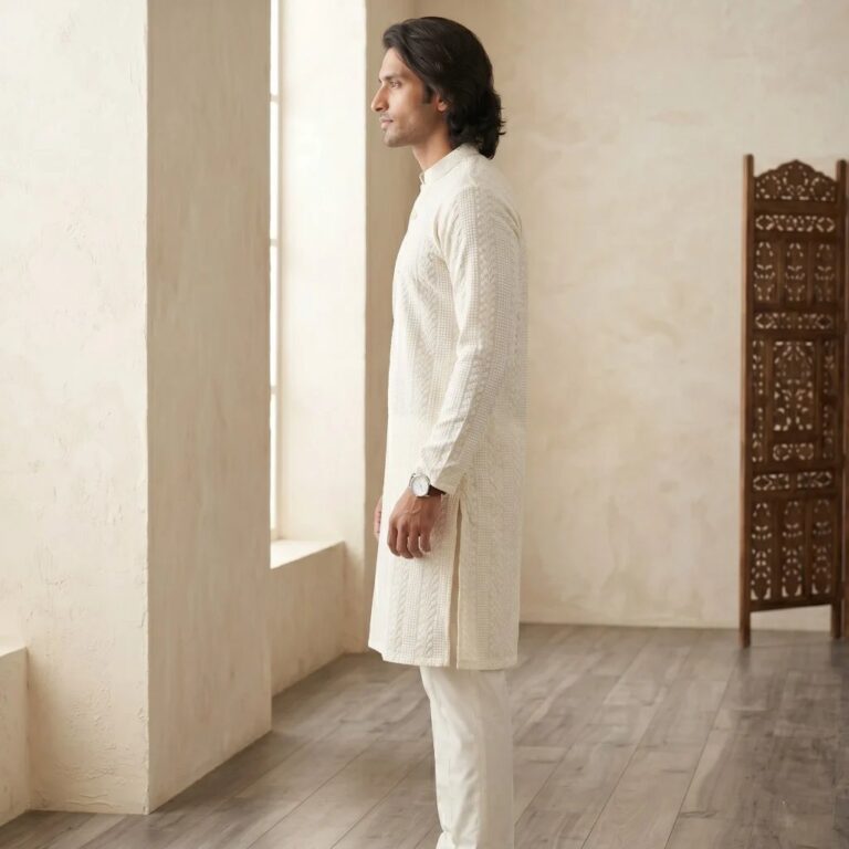 Side Profile of a Model wearing the Chikan Kurta Pajama Set