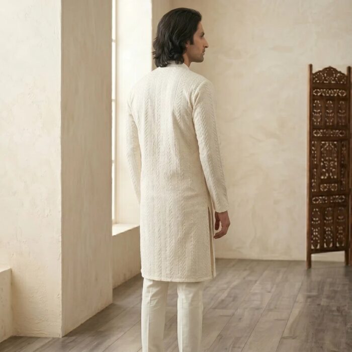 Back profile of Chikan Kurta Pajama Set for Men