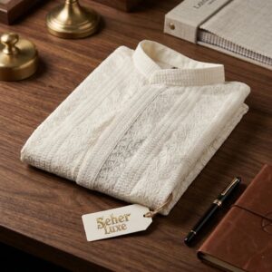 Cream Chikan Kurta pajama set with sequin work | Luxury Kurta Series for Men