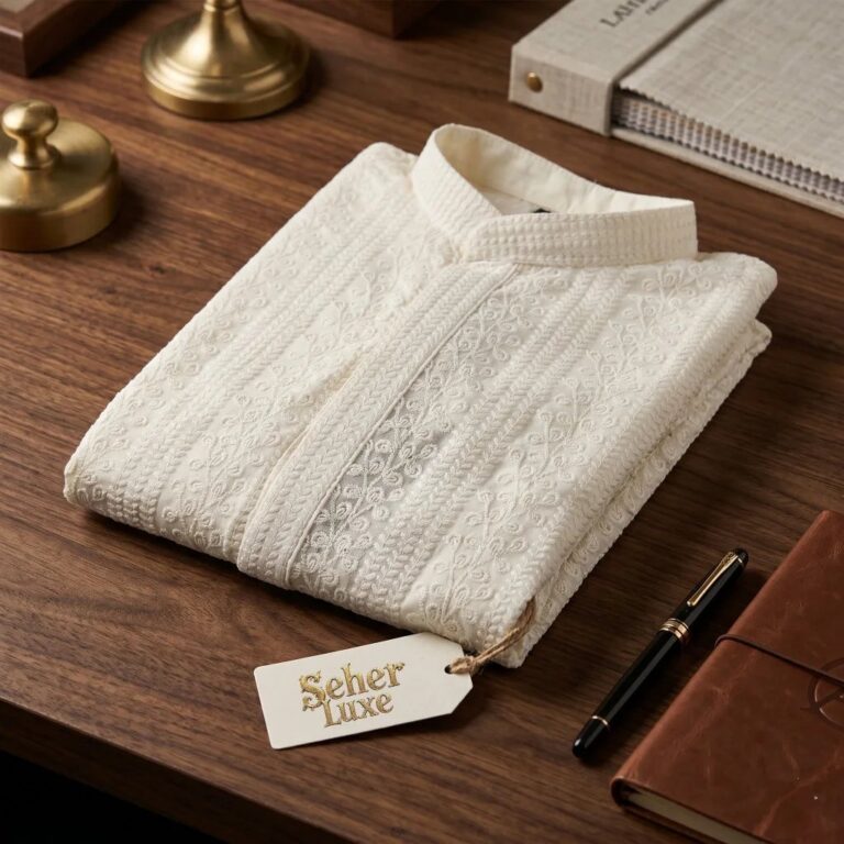 Cream Chikan Kurta pajama set with sequin work | Luxury Kurta Series for Men