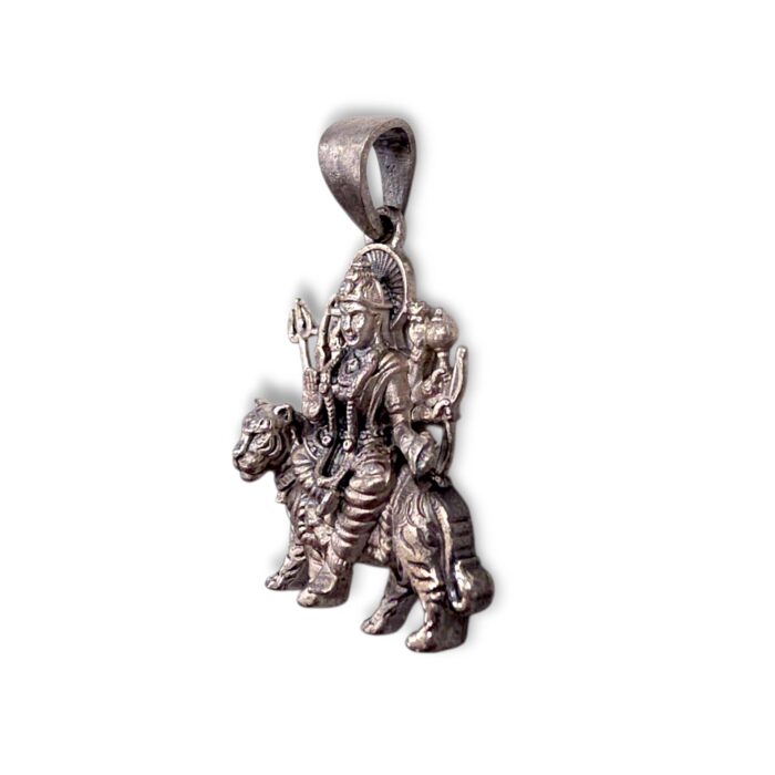 Side profile view of Mata rani silver pendant