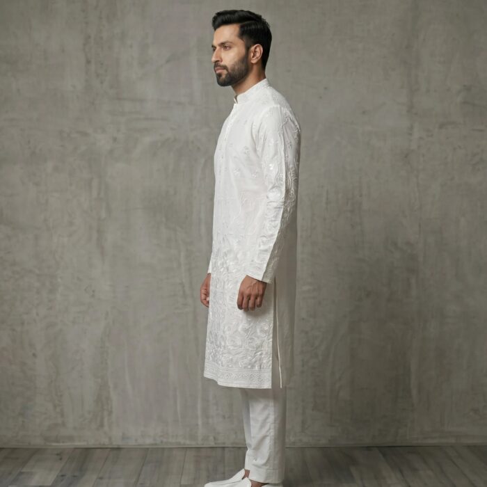 Side Profile of a Model wearing the Chikan Kurta Pajama Set
