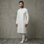 Cream Color Chikan Kurta Pyjama Set for Men | Party wear