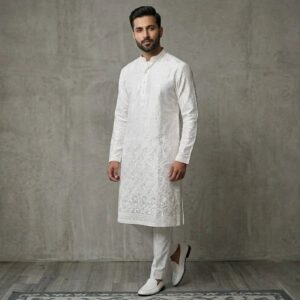 Cream Color Chikan Kurta Pyjama Set for Men | Party wear