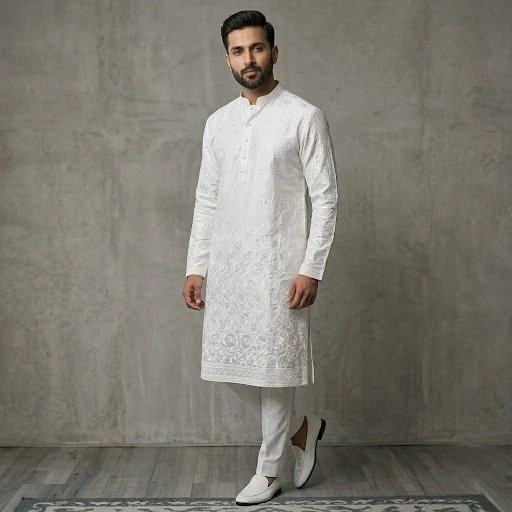 Cream Color Chikan Kurta Pyjama Set for Men | Party wear