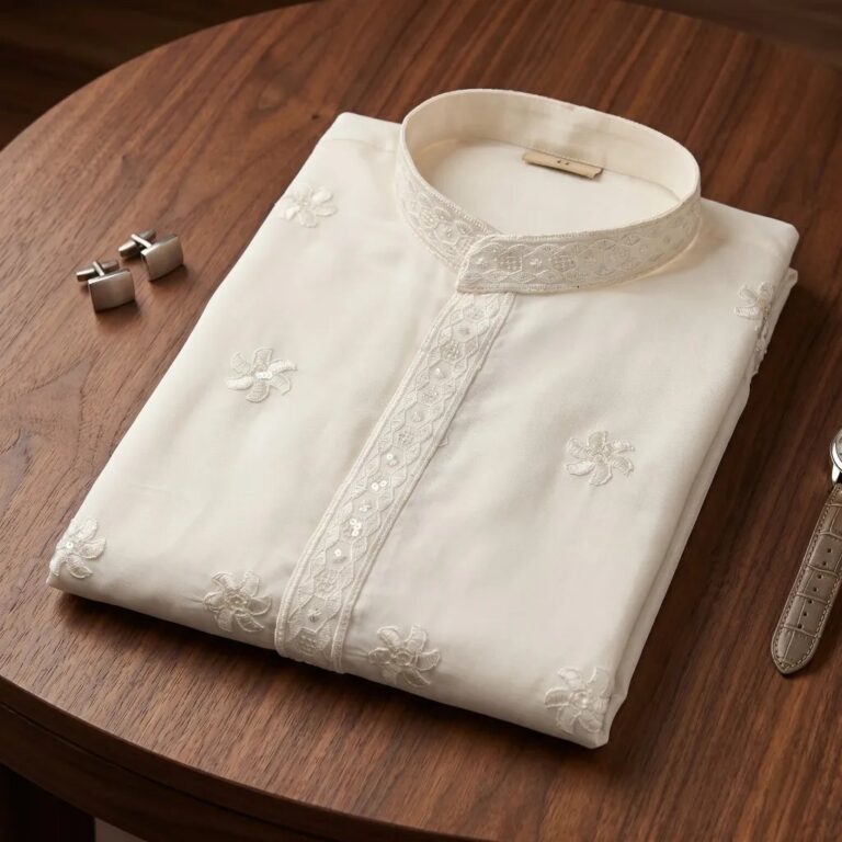 Cream Chikan Kurta pajama set with sequin work | Luxury Kurta Series for Men