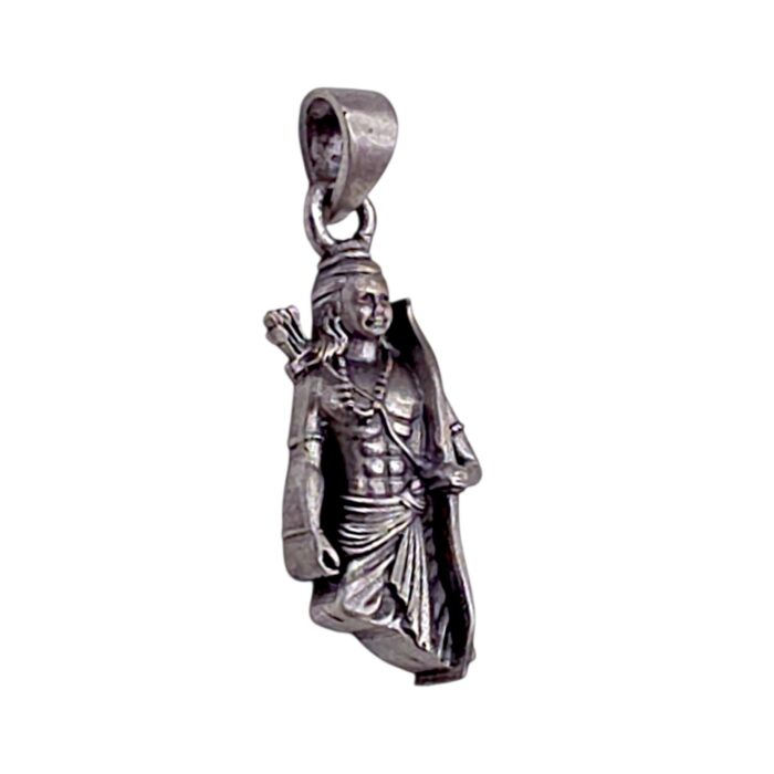 Side profile view of Shri ram silver pendant