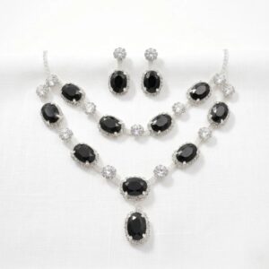 Silver finish zirconia necklace set with earrings - Black Stones