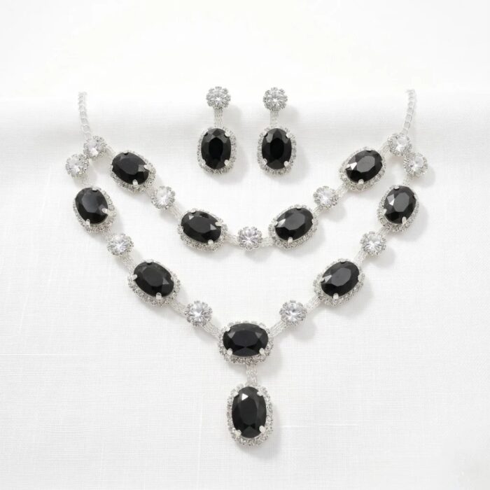 Silver finish zirconia necklace set with earrings - Black Stones