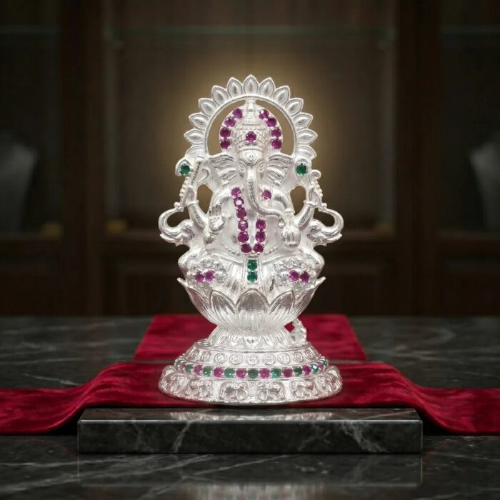 Pure Silver Ganesha Idol with embedded Color stones
