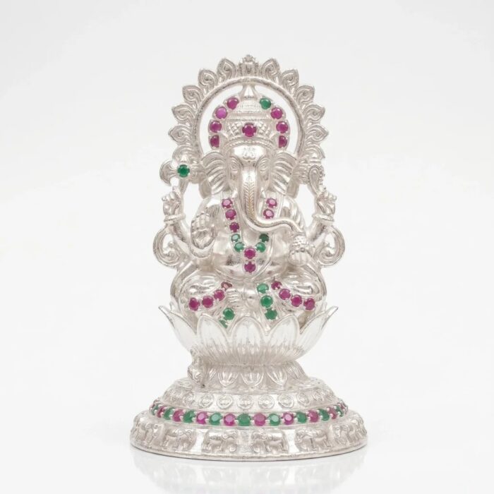 Pure silver Ganesha Idol with embedded color stones