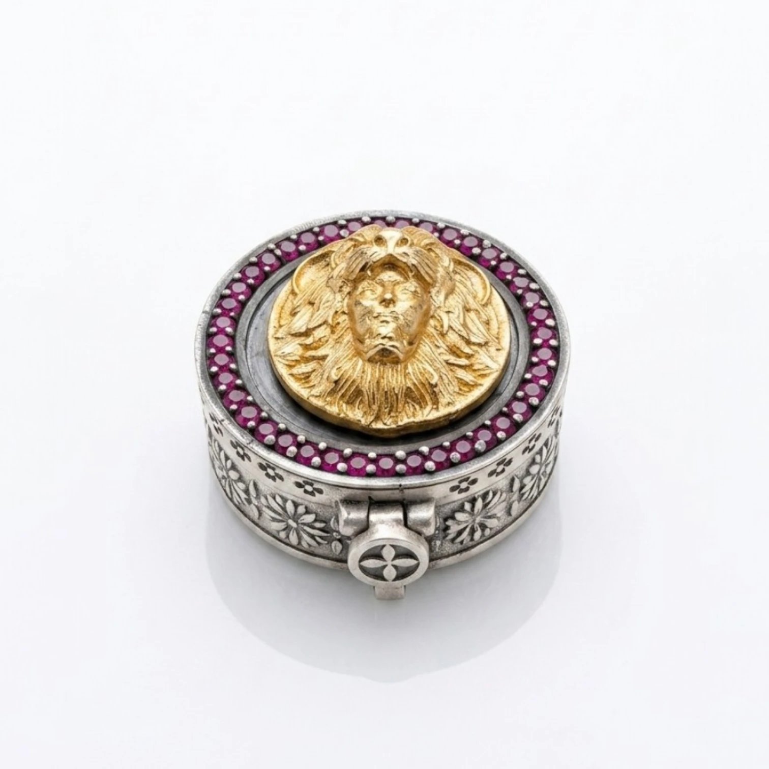 Sterling silver Box with embedded Ruby Zirconia Sterling Silver Box | Chandi ki Dabbi - Oxidized Finish with Ruby Zirconia