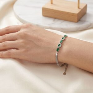Stunning Emerald colored embedded stones on the Silver Bracelet | Gift for her