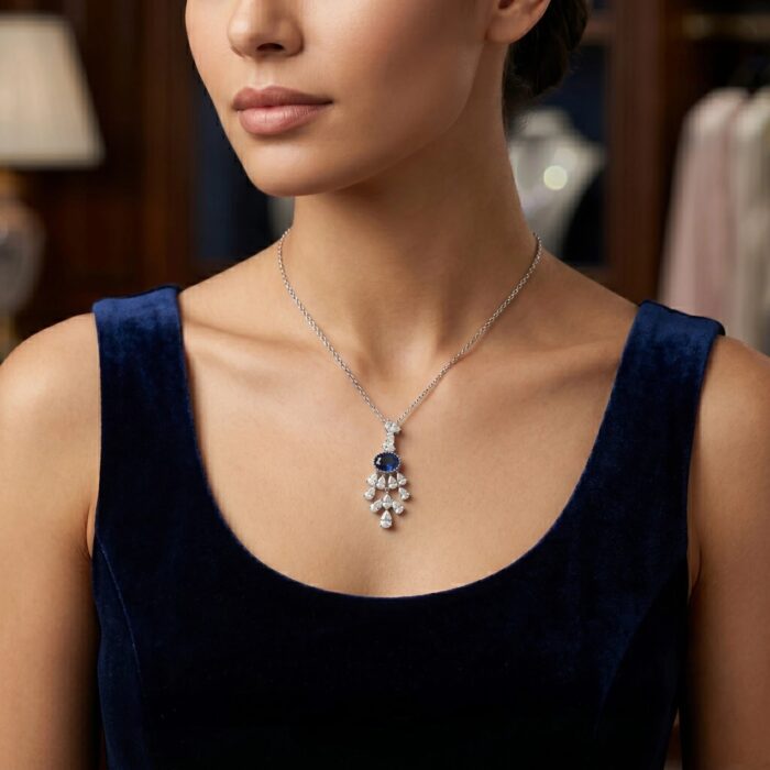 Model wearing rhodium finish sterling silver Necklace