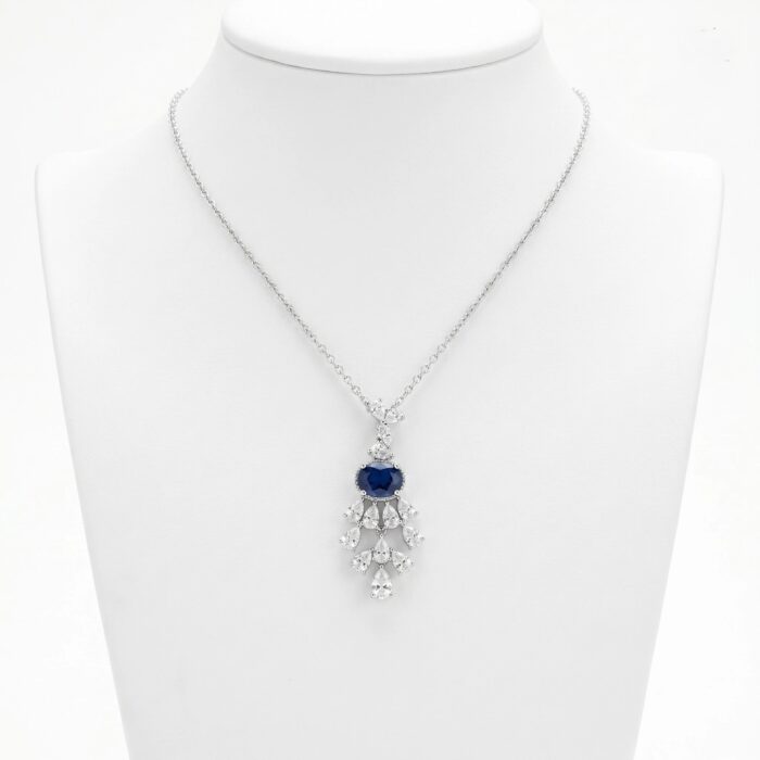 Close up of the rhodium finish sterling silver necklace