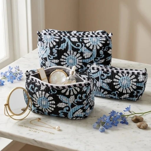 3-piece cotton organizer pouch set Handmade cotton travel pouch set with block print