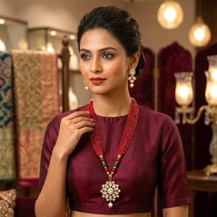 Kundan Pendant with Beads Necklace and Earring Set - Red - Image 7
