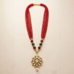 Kundan Pendant with Beads Necklace and Earring Set - Red - Image 2