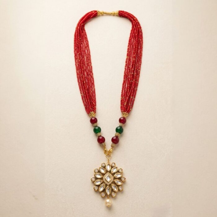Kundan Pendant with Beads Necklace and Earring Set - Red - Image 2