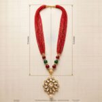 Kundan Pendant with Beads Necklace and Earring Set - Red - Image 5