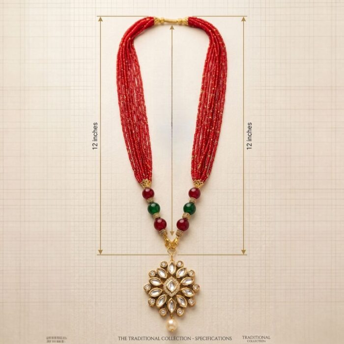 Kundan Pendant with Beads Necklace and Earring Set - Red - Image 5