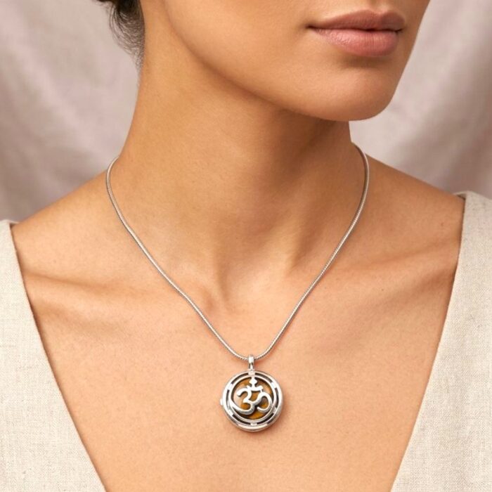 Tiger Eye Stone in Om Pendant | Natural Stone Necklace - Image 2