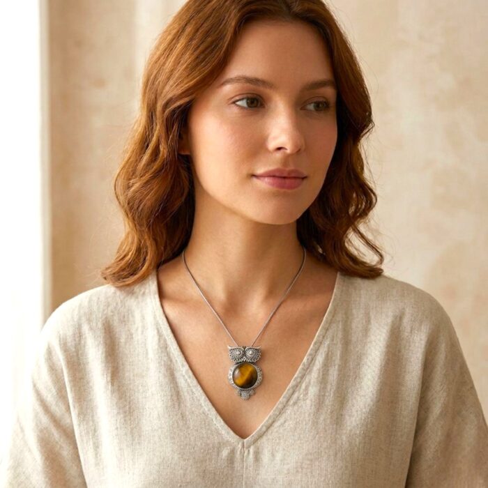 Tiger Eye Stone in Owl Pendant Necklace with 18 inch chain - Image 2