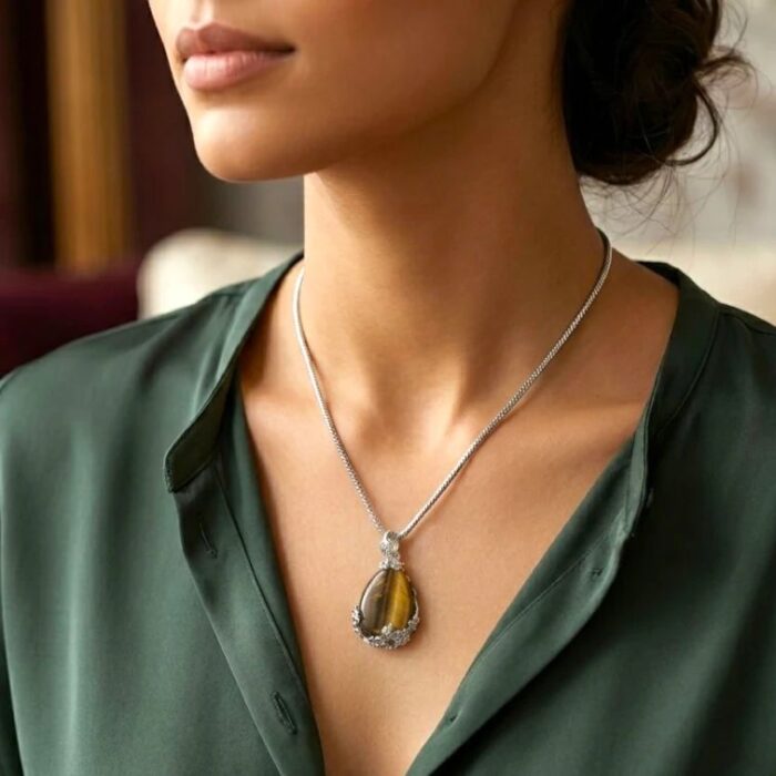 Large Teardrop Natural Tiger Eye Pendant Crystal Necklace - Image 3