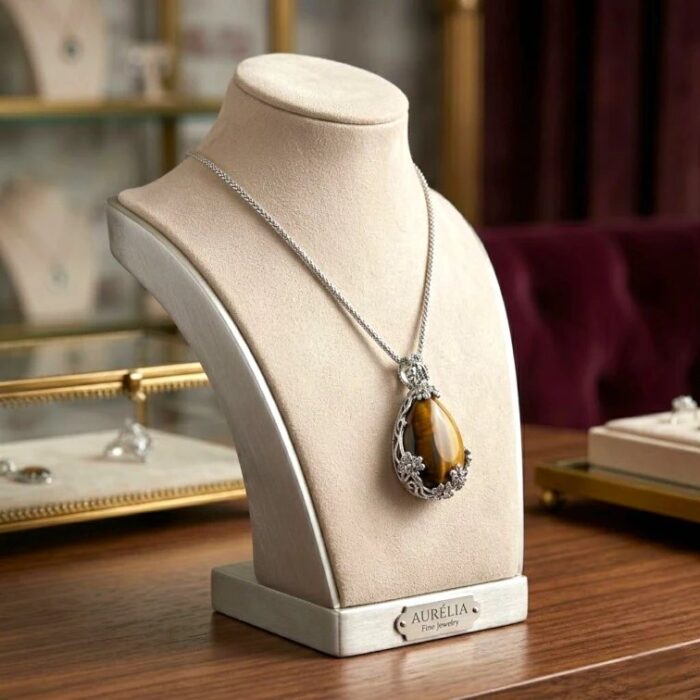Large Teardrop Natural Tiger Eye Pendant Crystal Necklace - Image 4