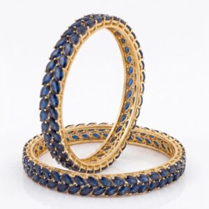 Gold plated sapphire blue zirconia Broad bangles set | Elegant Kada set
