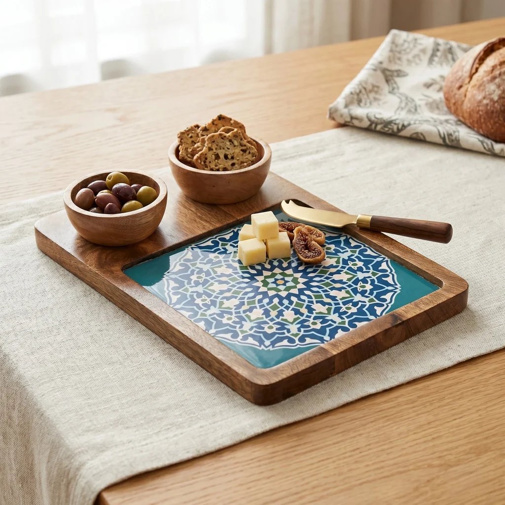 Wooden serving platter - 2 Bowl charcuterie board | 2 Chutney Bowl for serving Pakoras and Kababs