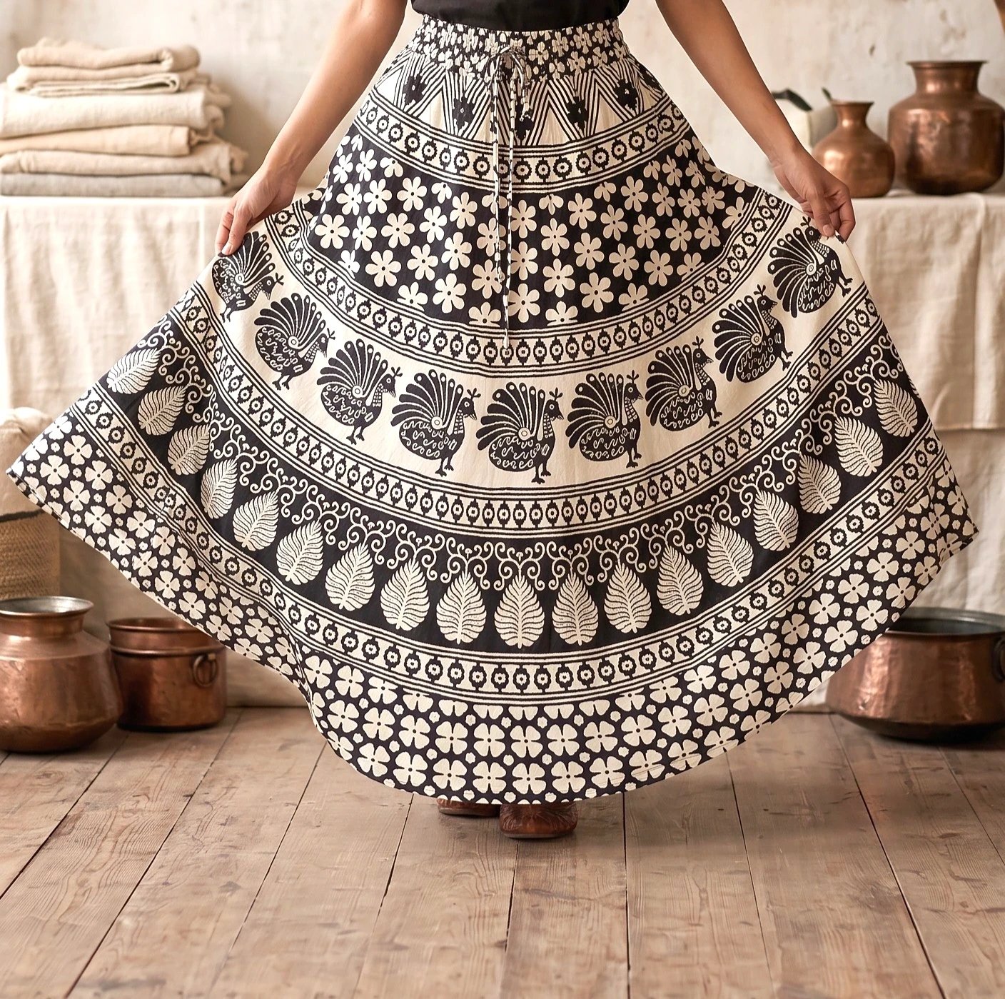 Boho black white maxi skirt Summer cotton skirt for women | Black and white cotton skirt for women