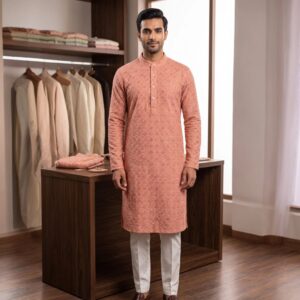 Peach Kurta with sequin work | Party wear ethnic Kurta for Men