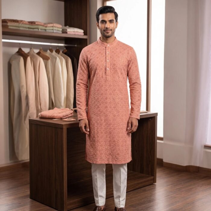 Peach Kurta with sequin work | Party wear ethnic Kurta for Men