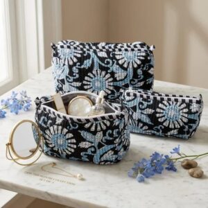 Handmade cotton travel pouch set with block print