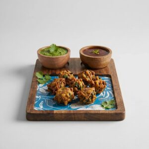 Wooden serving tray with bowls for snacks | Serve hot snacks like pakora, kababs
