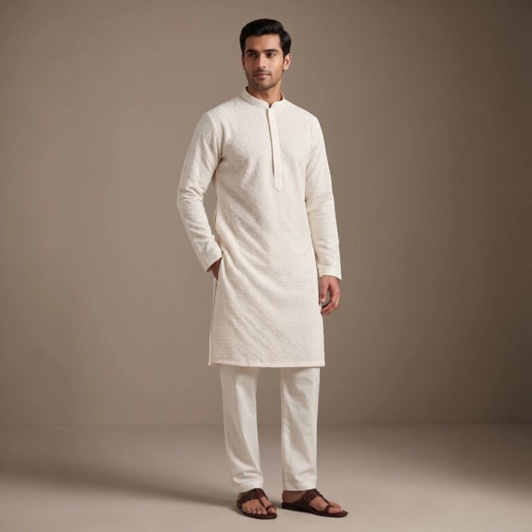 Luxury Chikan Kurta pajama set - Off-white / Cream embroidery Kurta set for Men