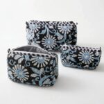 Black hand-block-printed quilted cotton 3-piece travel pouch set, flat-lay