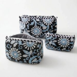 Black hand-block-printed quilted cotton 3-piece travel pouch set, flat-lay